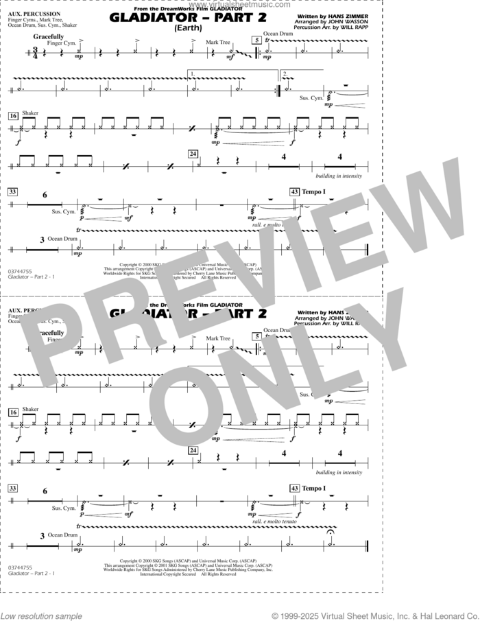 Gladiator Part 2 (arr. Rapp and Wasson) sheet music for marching band (aux percussion) by Hans Zimmer, John Wasson and Will Rapp, intermediate skill level