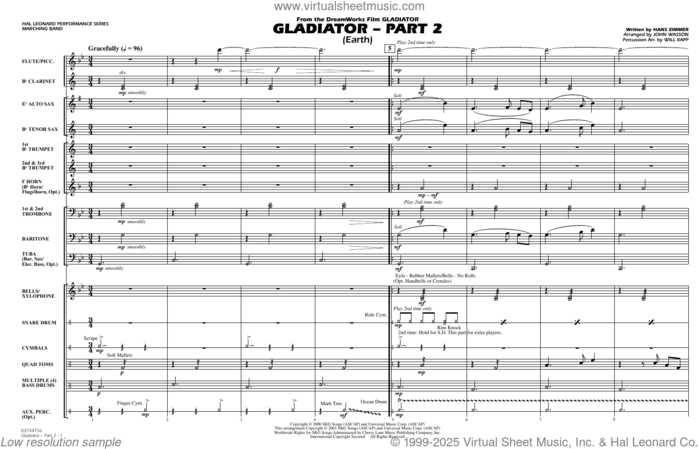 Gladiator Part 2 (arr. Will Rapp and John Wasson) (COMPLETE) sheet music for marching band by Will Rapp, Hans Zimmer and John Wasson, intermediate skill level