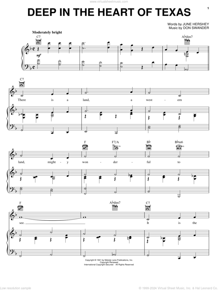 Deep In The Heart Of Texas sheet music for voice, piano or guitar by Alvino Rey & His Orchestra, Don Swander and June Hershey, intermediate skill level