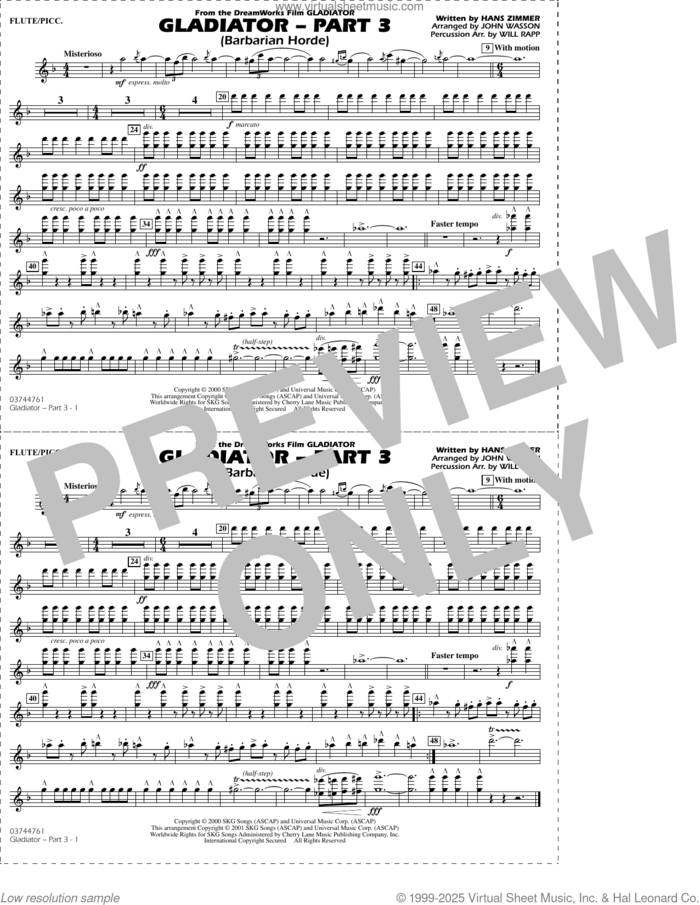 Gladiator (arr. Rapp and Wasson) Part 3 sheet music for marching band (flute/piccolo) by Hans Zimmer, John Wasson and Will Rapp, intermediate skill level