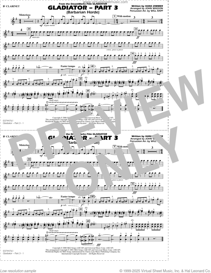 Gladiator (arr. Rapp and Wasson) Part 3 sheet music for marching band (Bb clarinet) by Hans Zimmer, John Wasson and Will Rapp, intermediate skill level