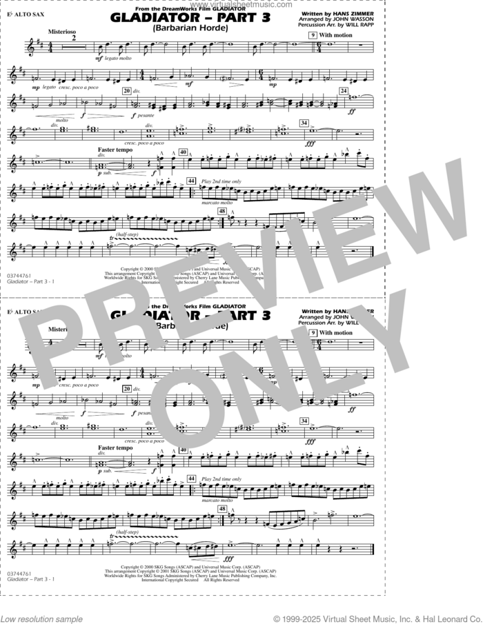 Gladiator (arr. Rapp and Wasson) Part 3 sheet music for marching band (Eb alto sax) by Hans Zimmer, John Wasson and Will Rapp, intermediate skill level