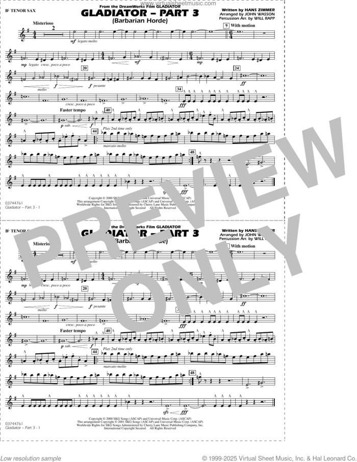Gladiator (arr. Rapp and Wasson) Part 3 sheet music for marching band (Bb tenor sax) by Hans Zimmer, John Wasson and Will Rapp, intermediate skill level