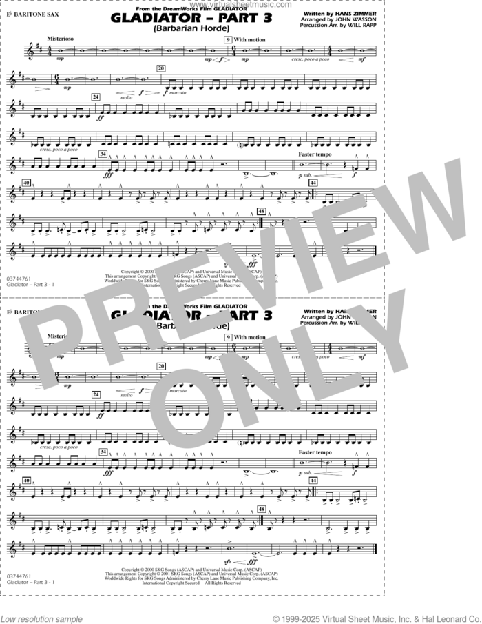 Gladiator (arr. Rapp and Wasson) Part 3 sheet music for marching band (Eb baritone sax) by Hans Zimmer, John Wasson and Will Rapp, intermediate skill level