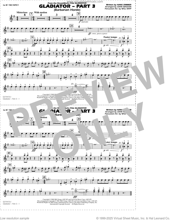 Gladiator (arr. Rapp and Wasson) Part 3 sheet music for marching band (1st Bb trumpet) by Hans Zimmer, John Wasson and Will Rapp, intermediate skill level