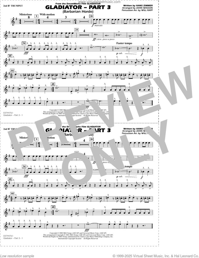 Gladiator (arr. Rapp and Wasson) Part 3 sheet music for marching band (2nd Bb trumpet) by Hans Zimmer, John Wasson and Will Rapp, intermediate skill level