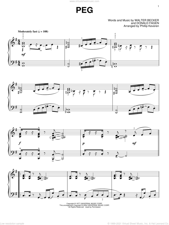 Peg (arr. Phillip Keveren) sheet music for piano solo by Steely Dan, Phillip Keveren, Donald Fagen and Walter Becker, intermediate skill level