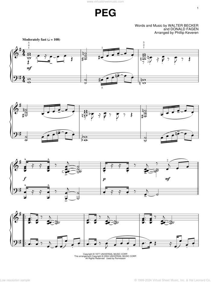 Peg (arr. Phillip Keveren) sheet music for piano solo by Steely Dan, Phillip Keveren, Donald Fagen and Walter Becker, intermediate skill level