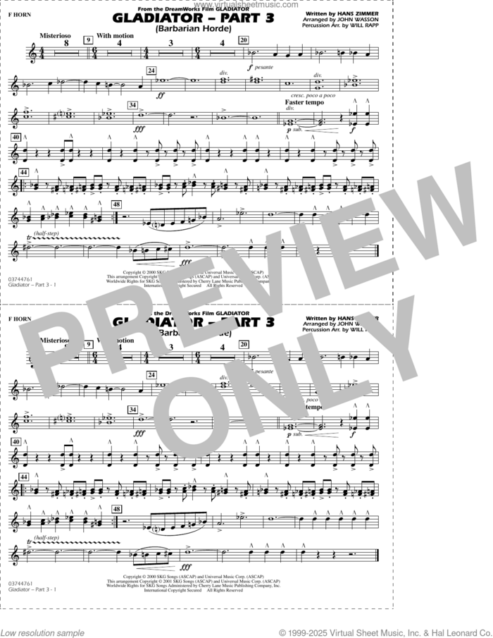 Gladiator (arr. Rapp and Wasson) Part 3 sheet music for marching band (f horn) by Hans Zimmer, John Wasson and Will Rapp, intermediate skill level