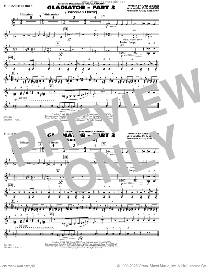 Gladiator (arr. Rapp and Wasson) Part 3 sheet music for marching band (Bb horn/flugelhorn) by Hans Zimmer, John Wasson and Will Rapp, intermediate skill level