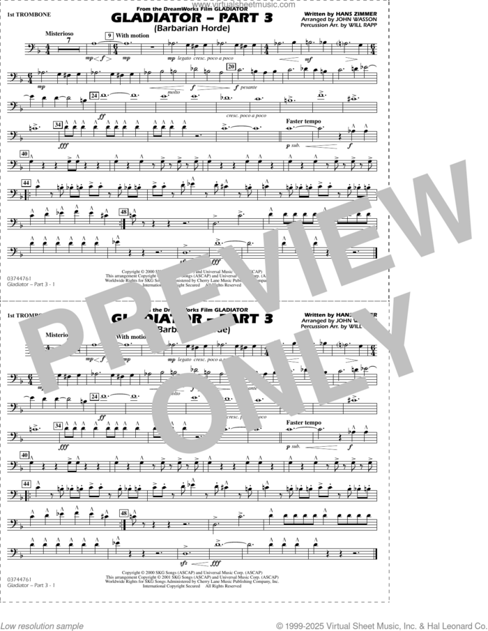 Gladiator (arr. Rapp and Wasson) Part 3 sheet music for marching band (1st trombone) by Hans Zimmer, John Wasson and Will Rapp, intermediate skill level