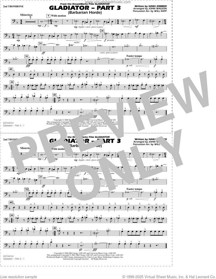 Gladiator (arr. Rapp and Wasson) Part 3 sheet music for marching band (2nd trombone) by Hans Zimmer, John Wasson and Will Rapp, intermediate skill level