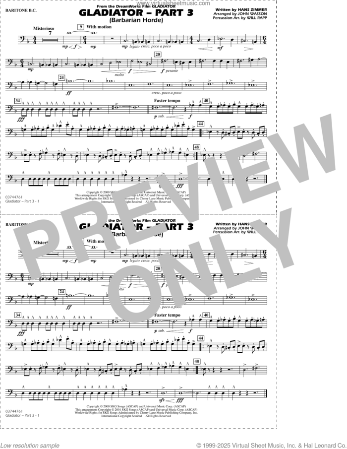 Gladiator (arr. Rapp and Wasson) Part 3 sheet music for marching band (baritone b.c.) by Hans Zimmer, John Wasson and Will Rapp, intermediate skill level