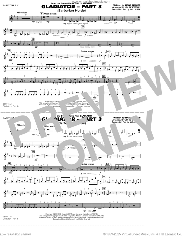 Gladiator (arr. Rapp and Wasson) Part 3 sheet music for marching band (baritone t.c.) by Hans Zimmer, John Wasson and Will Rapp, intermediate skill level