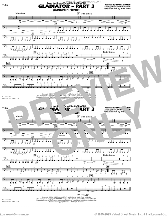 Gladiator (arr. Rapp and Wasson) Part 3 sheet music for marching band (tuba) by Hans Zimmer, John Wasson and Will Rapp, intermediate skill level