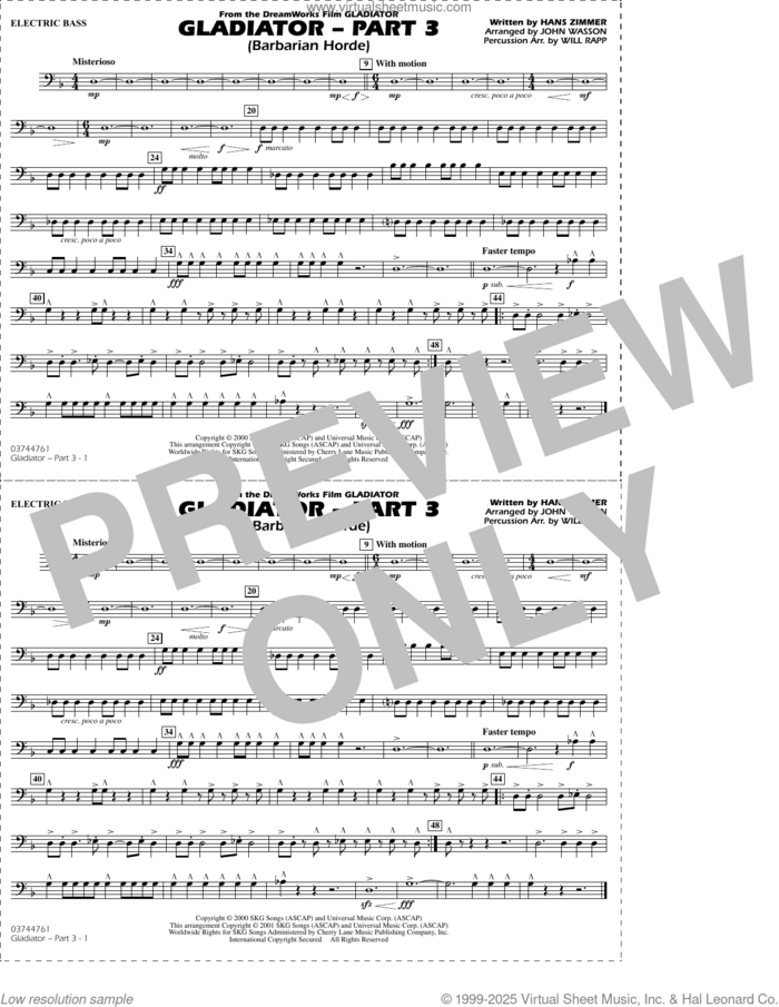 Gladiator (arr. Rapp and Wasson) Part 3 sheet music for marching band (electric bass) by Hans Zimmer, John Wasson and Will Rapp, intermediate skill level
