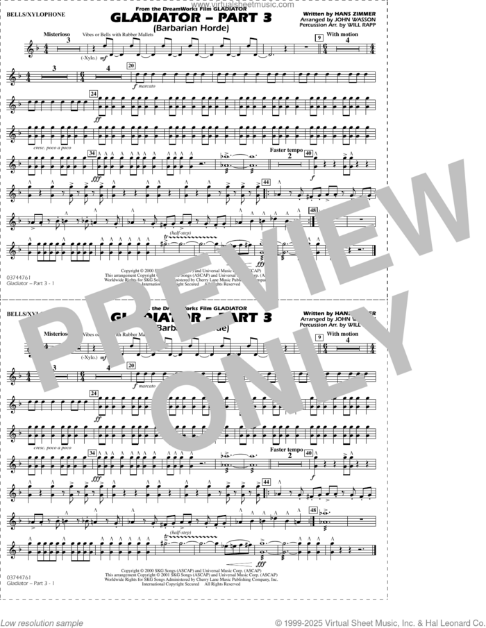 Gladiator (arr. Rapp and Wasson) Part 3 sheet music for marching band (bells/xylophone) by Hans Zimmer, John Wasson and Will Rapp, intermediate skill level