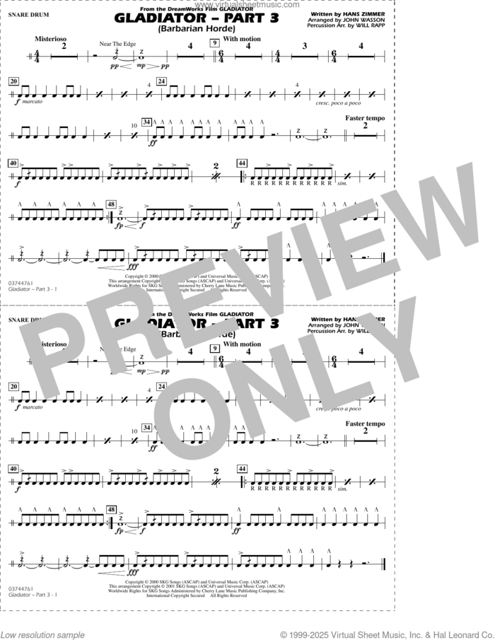 Gladiator (arr. Rapp and Wasson) Part 3 sheet music for marching band (snare drum) by Hans Zimmer, John Wasson and Will Rapp, intermediate skill level