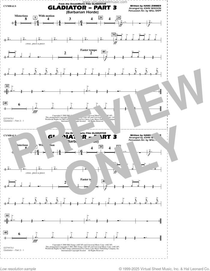 Gladiator (arr. Rapp and Wasson) Part 3 sheet music for marching band (cymbals) by Hans Zimmer, John Wasson and Will Rapp, intermediate skill level