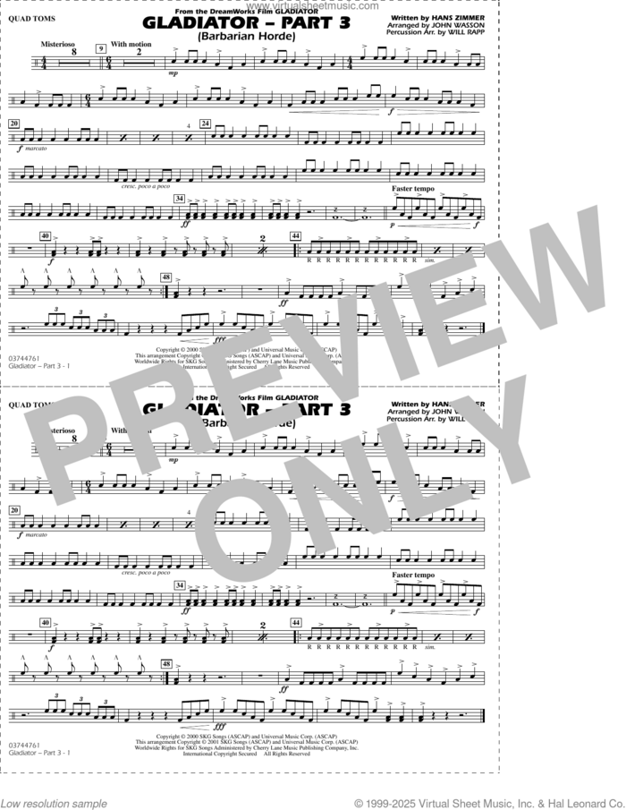 Gladiator (arr. Rapp and Wasson) Part 3 sheet music for marching band (quad toms) by Hans Zimmer, John Wasson and Will Rapp, intermediate skill level