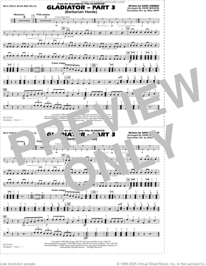 Gladiator (arr. Rapp and Wasson) Part 3 sheet music for marching band (multiple bass drums) by Hans Zimmer, John Wasson and Will Rapp, intermediate skill level