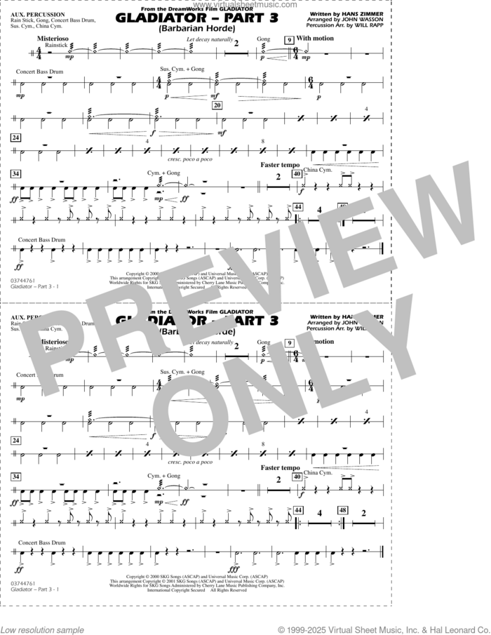 Gladiator (arr. Rapp and Wasson) Part 3 sheet music for marching band (aux percussion) by Hans Zimmer, John Wasson and Will Rapp, intermediate skill level