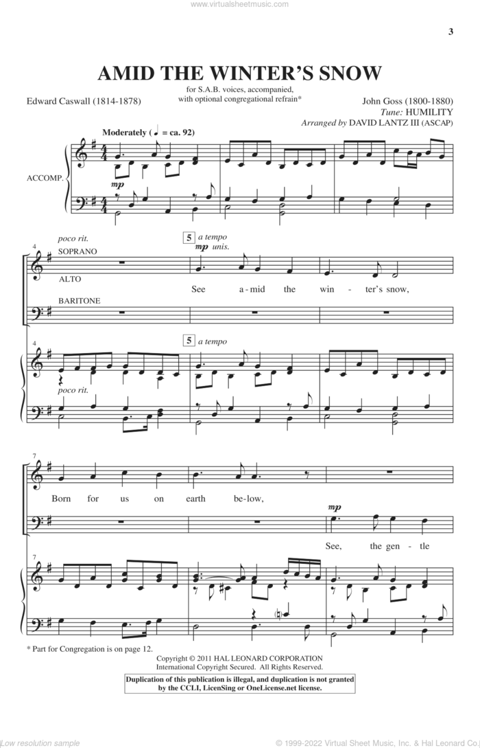See Amid The Winter's Snow sheet music for choir (SAB: soprano, alto, bass) by Edward Caswall, John Goss and David Lanz, intermediate skill level