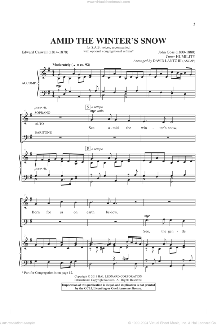 See Amid The Winter's Snow sheet music for choir (SAB: soprano, alto, bass) by Edward Caswall, John Goss and David Lanz, intermediate skill level