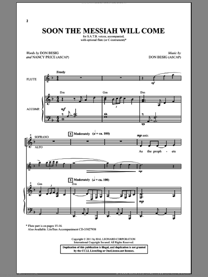 Soon The Messiah Will Come sheet music for choir (SATB: soprano, alto, tenor, bass) by Don Besig and Nancy Price, intermediate skill level