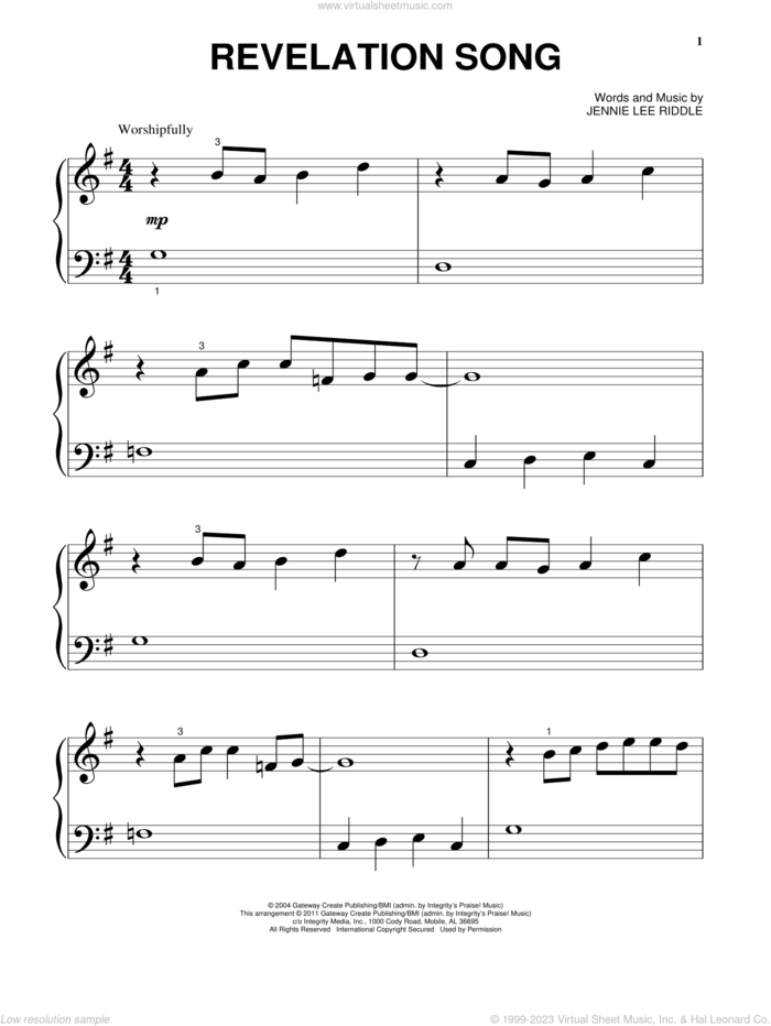Revelation Song, (beginner) sheet music for piano solo by Gateway Worship and Jennie Lee Riddle, beginner skill level