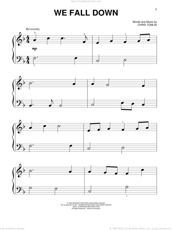 We Fall Down sheet music for piano solo by Chris Tomlin, Kutless and Passion, beginner skill level