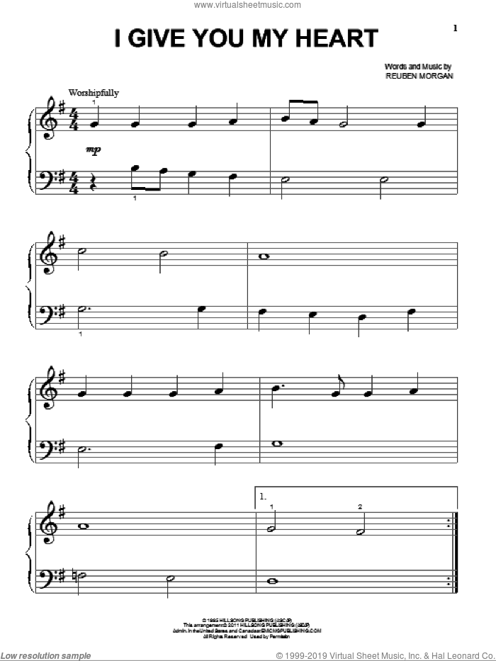 I Give You My Heart, (beginner) sheet music for piano solo by Reuben Morgan, Hillsong Worship and Jeff Deyo, beginner skill level