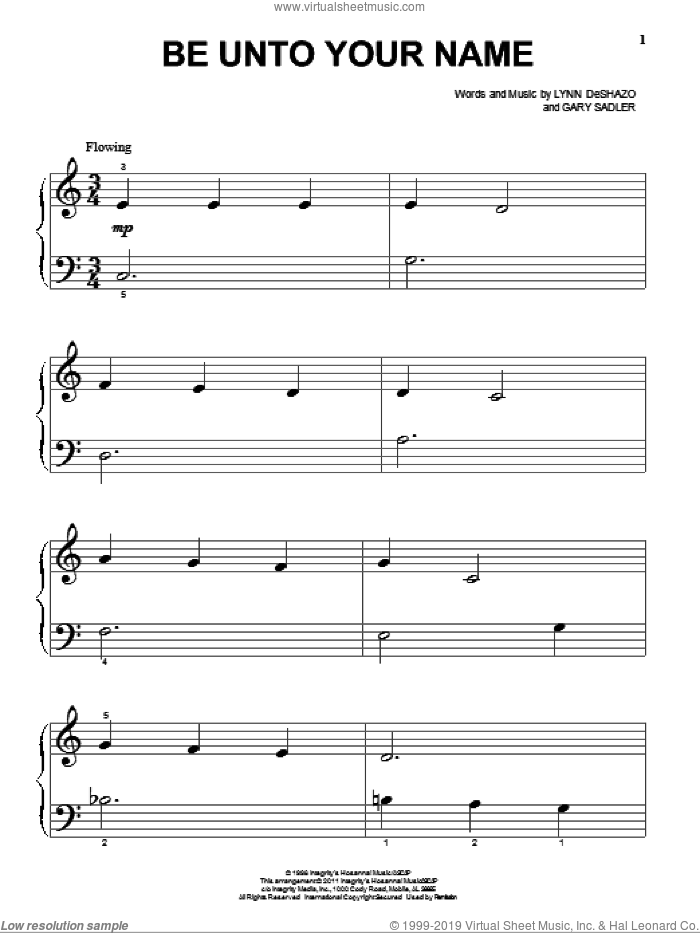 Be Unto Your Name, (beginner) sheet music for piano solo by Robin Mark, Gary Sadler and Lynn DeShazo, wedding score, beginner skill level