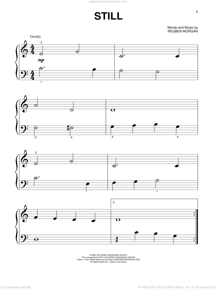 Still, (beginner) sheet music for piano solo by Hillsong Worship, Hillsong and Reuben Morgan, beginner skill level