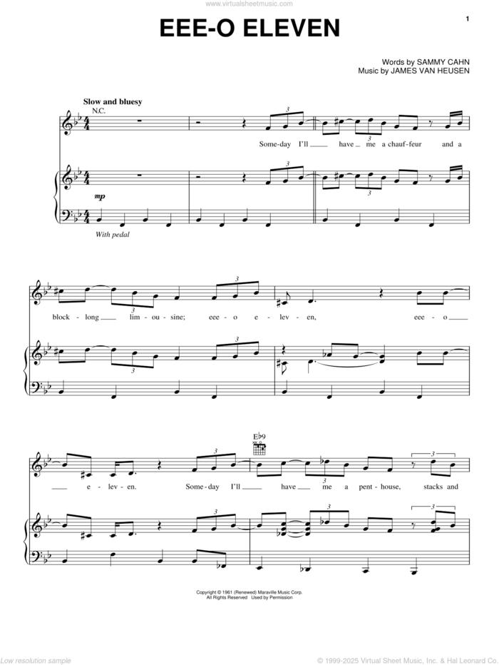 EEE-O-Eleven sheet music for voice, piano or guitar by Sammy Davis, Jr., Dean Martin, Frank Sinatra, Jimmy van Heusen and Sammy Cahn, intermediate skill level