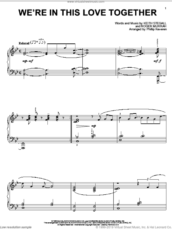 We're In This Love Together (arr. Phillip Keveren) sheet music for piano solo by Al Jarreau, Phillip Keveren, Keith Stegall and Roger Murrah, intermediate skill level