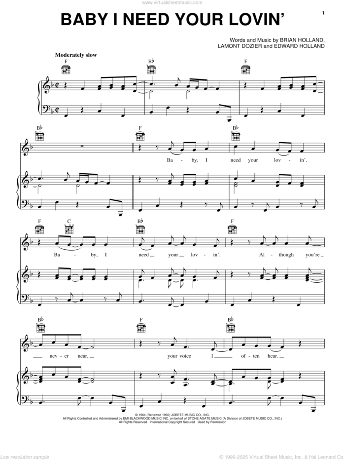 Baby I Need Your Lovin' sheet music for voice, piano or guitar by The Four Tops, Michael McDonald, Brian Holland, Eddie Holland and Lamont Dozier, intermediate skill level