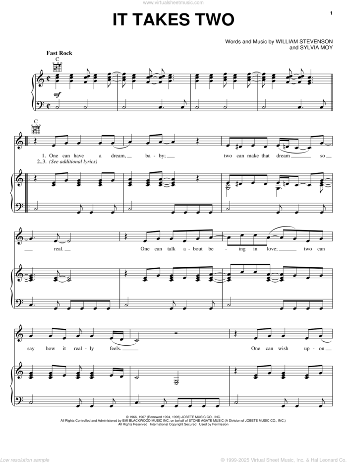 It Takes Two sheet music for voice, piano or guitar by Marvin Gaye, Kim Weston, Sylvia Moy and William Stevenson, intermediate skill level