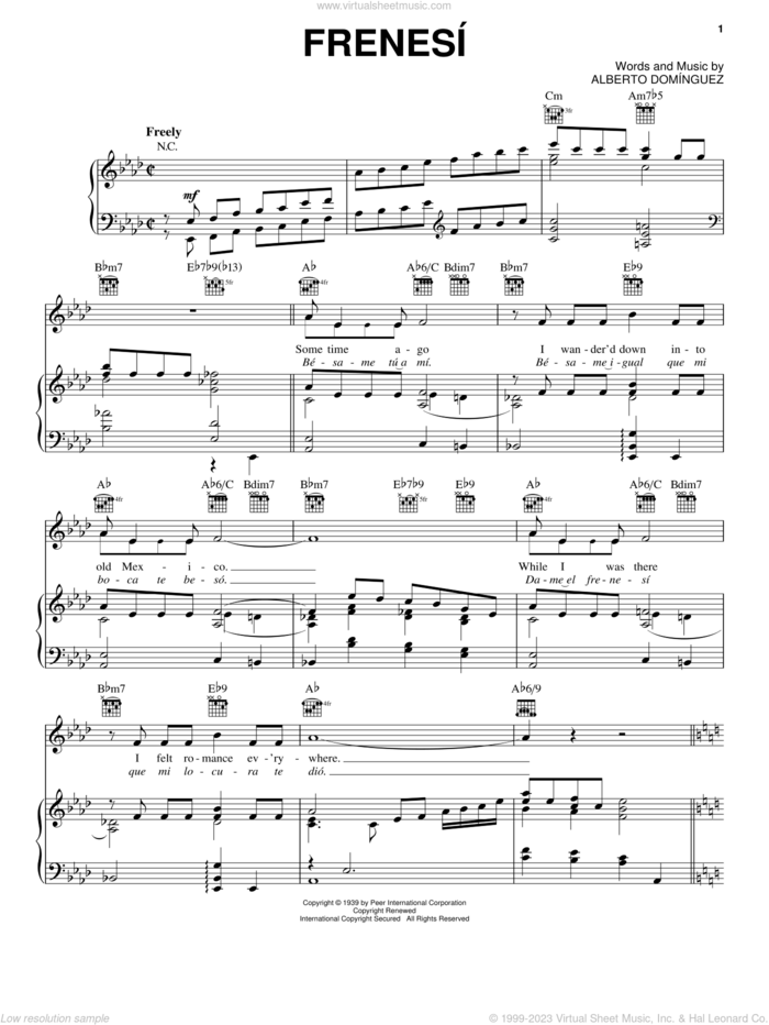Frenesi sheet music for voice, piano or guitar by Alberto Dominguez, intermediate skill level