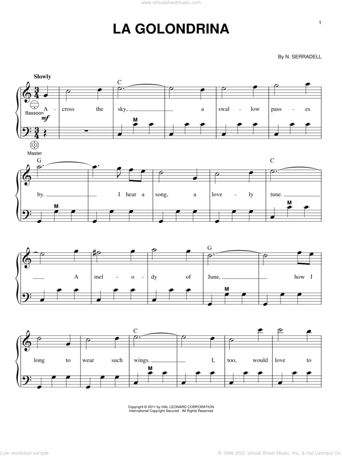 La Golondrina sheet music for accordion by N. Serradell and Gary Meisner, intermediate skill level