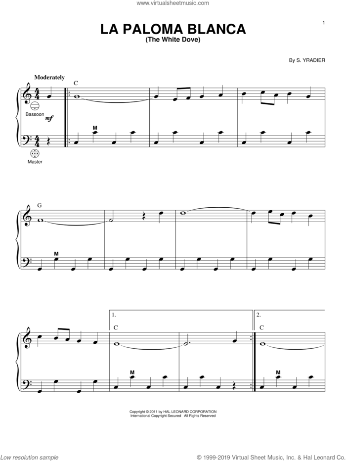 La Paloma Blanca (The White Dove) sheet music for accordion by Sebastian Yradier and Gary Meisner, intermediate skill level