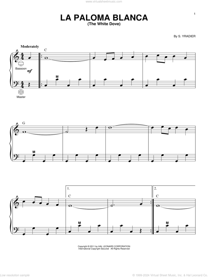 La Paloma Blanca (The White Dove) sheet music for accordion by Sebastian Yradier and Gary Meisner, intermediate skill level