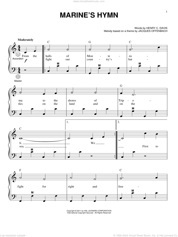 Marine's Hymn sheet music for accordion by Henry C. Davis, Gary Meisner and Jacques Offenbach, intermediate skill level