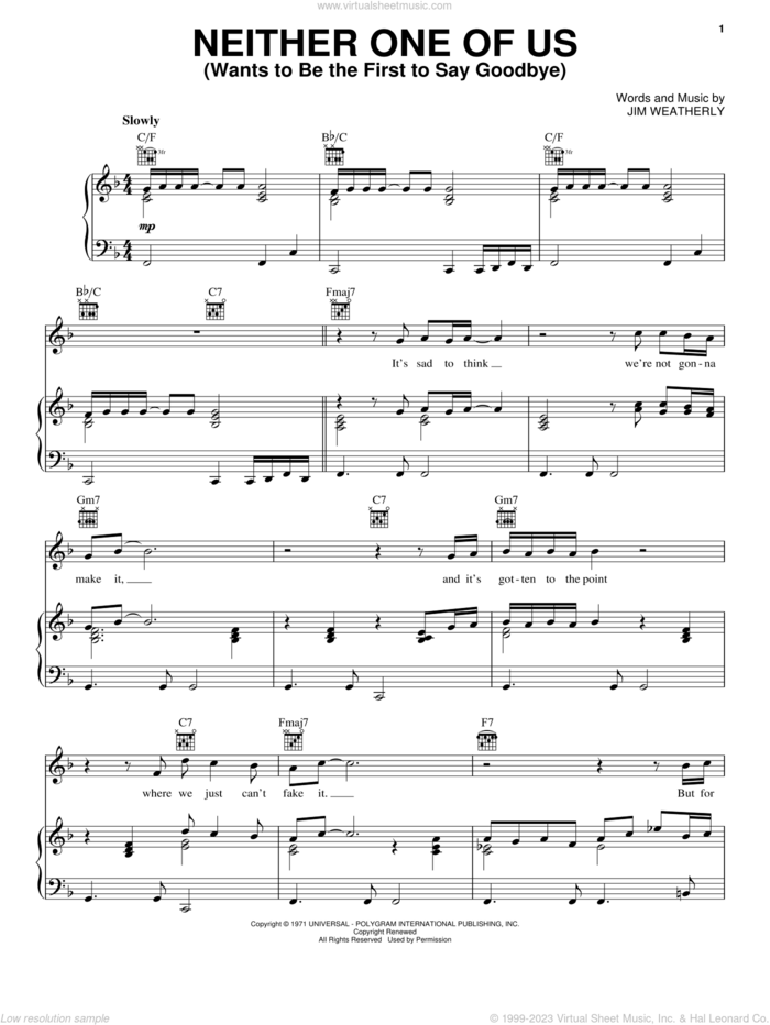 Neither One Of Us (Wants To Be The First To Say Goodbye) sheet music for voice, piano or guitar by Gladys Knight & The Pips, Bob Luman and Jim Weatherly, intermediate skill level