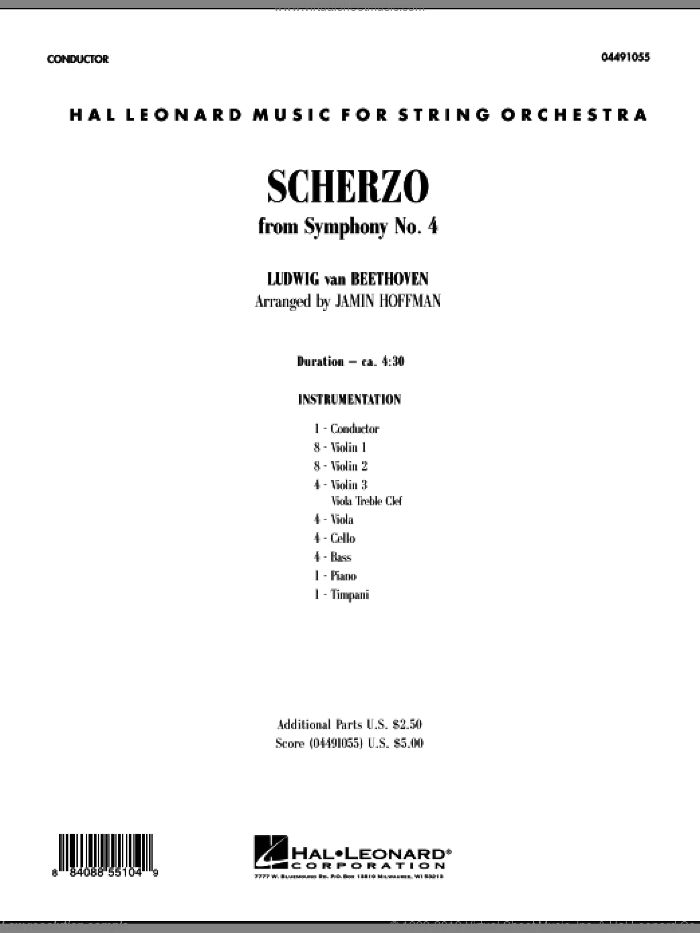 Scherzo from Symphony No. 4 (COMPLETE) sheet music for orchestra by Ludwig van Beethoven and Jamin Hoffman, classical score, intermediate skill level