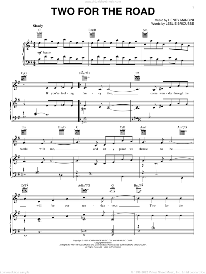 Two For The Road sheet music for voice, piano or guitar by Henry Mancini and Leslie Bricusse, intermediate skill level