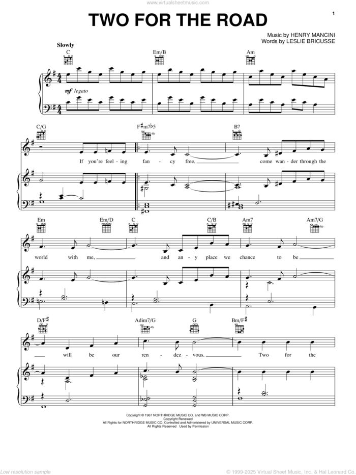 Two For The Road sheet music for voice, piano or guitar by Henry Mancini and Leslie Bricusse, intermediate skill level