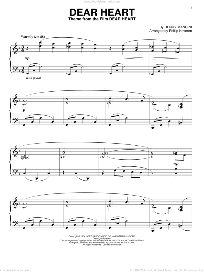Dear Heart (arr. Phillip Keveren) sheet music for piano solo by Henry Mancini and Phillip Keveren, intermediate skill level