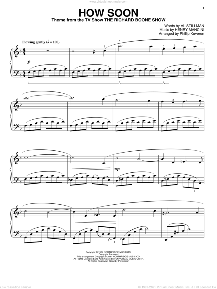 How Soon (arr. Phillip Keveren) sheet music for piano solo by Henry Mancini, Phillip Keveren and Al Stillman, intermediate skill level