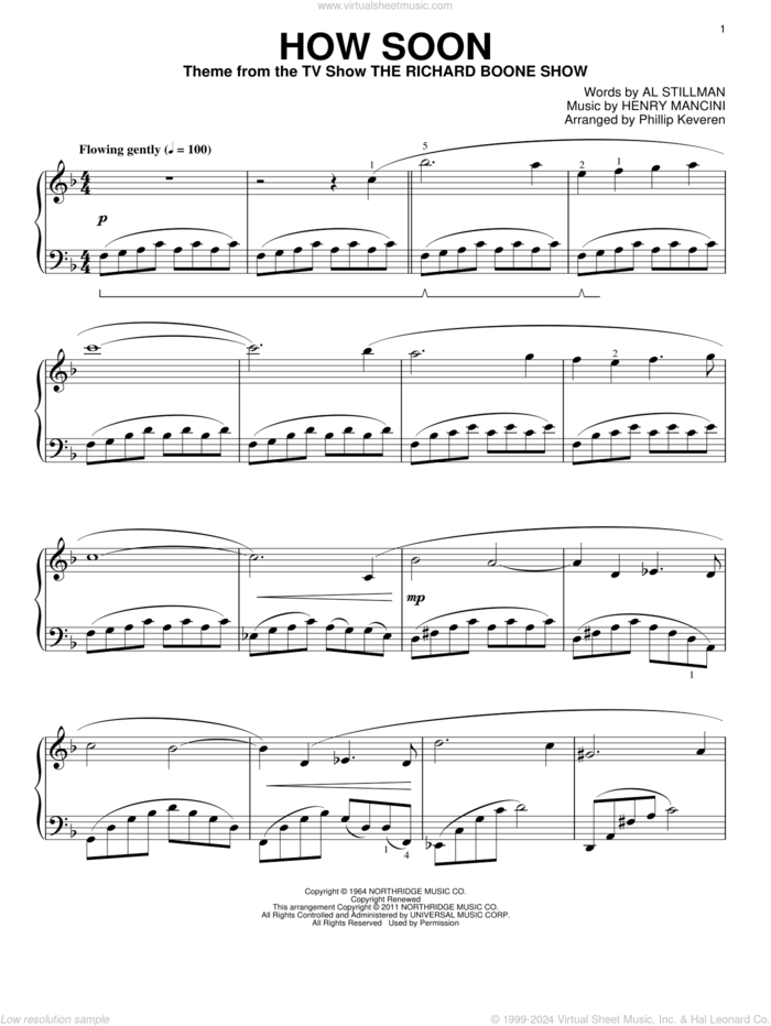 How Soon (arr. Phillip Keveren) sheet music for piano solo by Henry Mancini, Phillip Keveren and Al Stillman, intermediate skill level